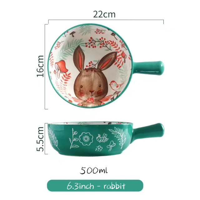 Single-Handle-Ceramic-Bowl-Forest-Animal-Design-Large-Bowl-Lovely-Rabbit